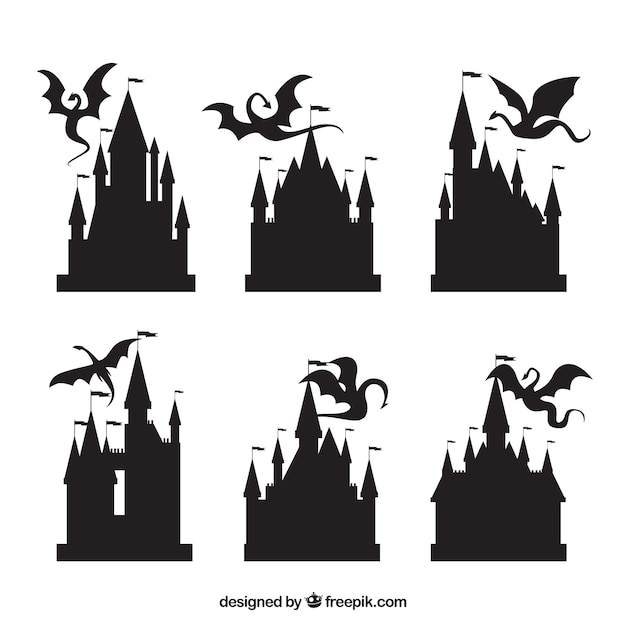 Vector silhouette of castle and flying dragon collection