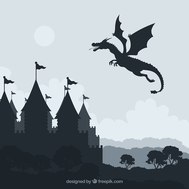 Silhouette of castle and flying dragon