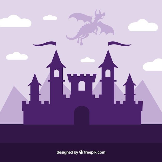 Silhouette of castle and flying dragon