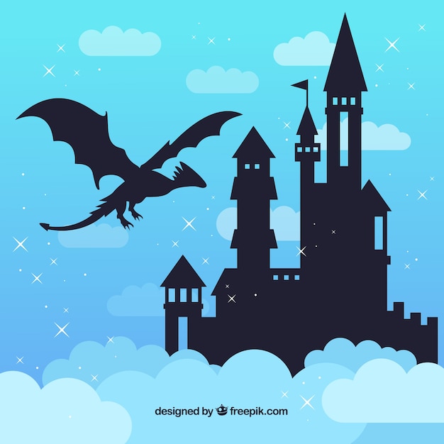 Silhouette of castle and flying dragon