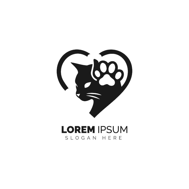 Vector silhouette of a cat and paw print inside a heartshaped logo design