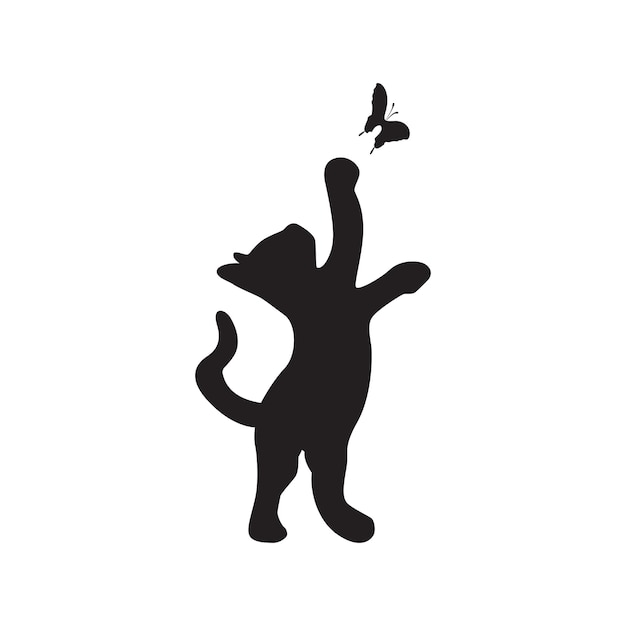 Vector silhouette of a cat playing with a butterfly