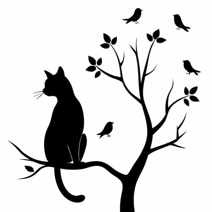 Vector silhouette cat sitting on a branch vector art
