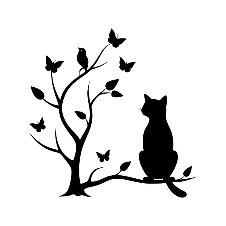 Vector silhouette cat sitting on a branch vector art