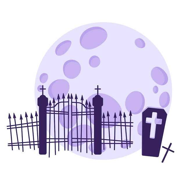 Silhouette di un cimitero e tombe sullo sfondo di una luna piena.