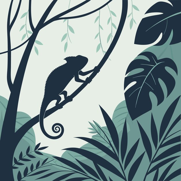 silhouette of a chameleon climbing along a vine in a tropical forest