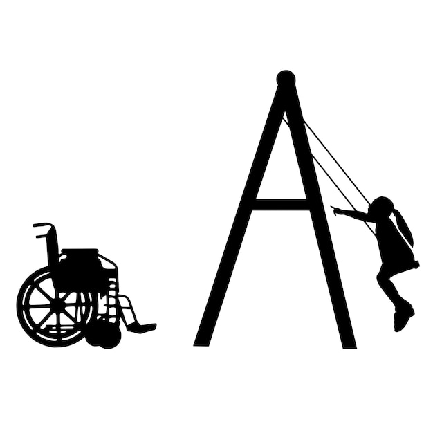 Silhouette of a child disabled girl on a swing next to a wheelchair Vector Silhouette