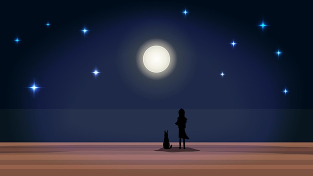 Silhouette of child and dog look at the stars in the night sky Vector illustration