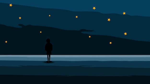 Silhouette of child look at the stars in the night sky vector illustration