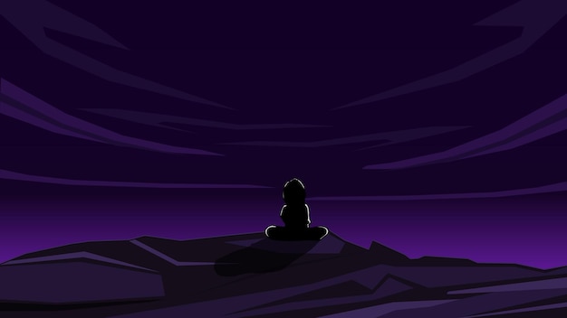 Silhouette of child sitting looking at the night sky Vector illustration