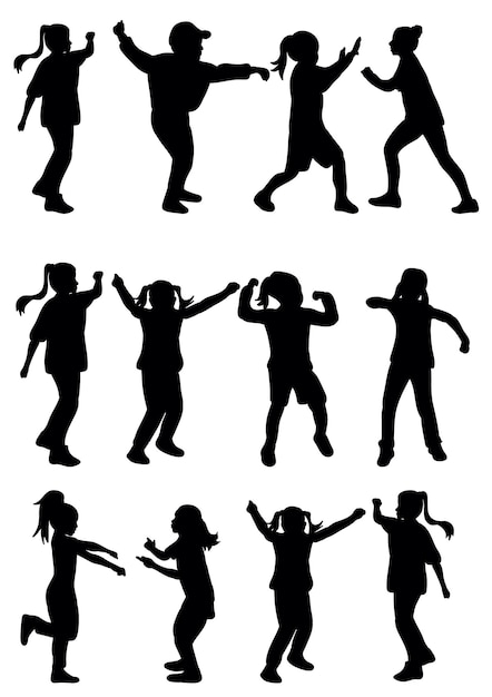 Vettore silhouette di bambini che ballano insieme