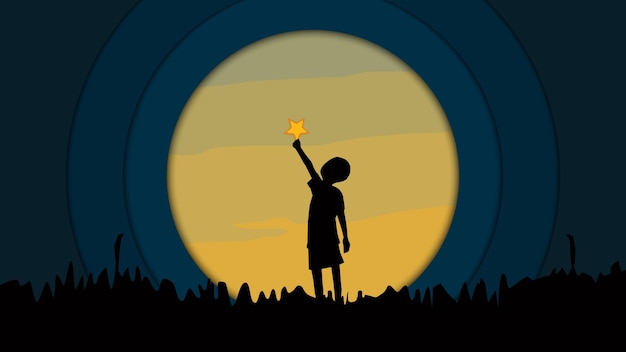 Silhouette of children grab the stars at sunset Vector illustration