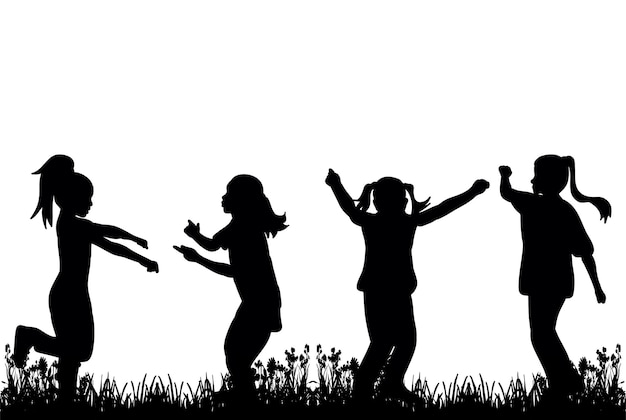Vector silhouette of children play and dance on grass