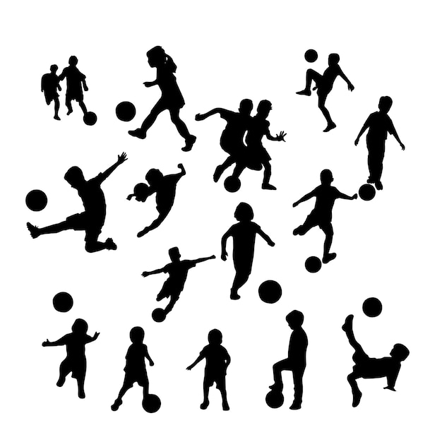 Vector silhouette of children play soccer football