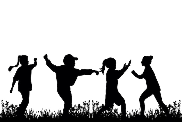 Vector silhouette of children playing on the grass