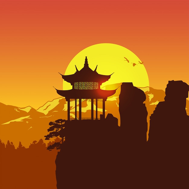 Silhouette of Chinese pavilion on the mountain at sunset, 