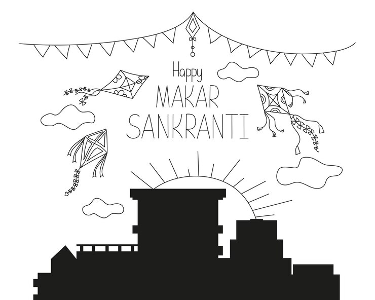 वेक्टर silhouette city happy makar sankranti holiday background celebration indian festival january 15