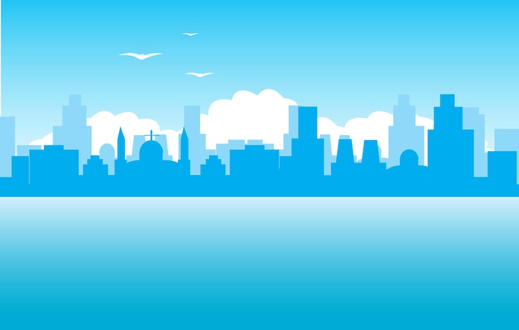 Vector silhouette of the city on seaside