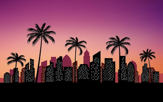 Vettore silhouette vista sullo skyline della città con sfondo di palme