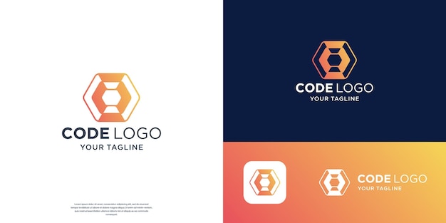 silhouette coder logo design abstract coding hexagon with gradient color branding