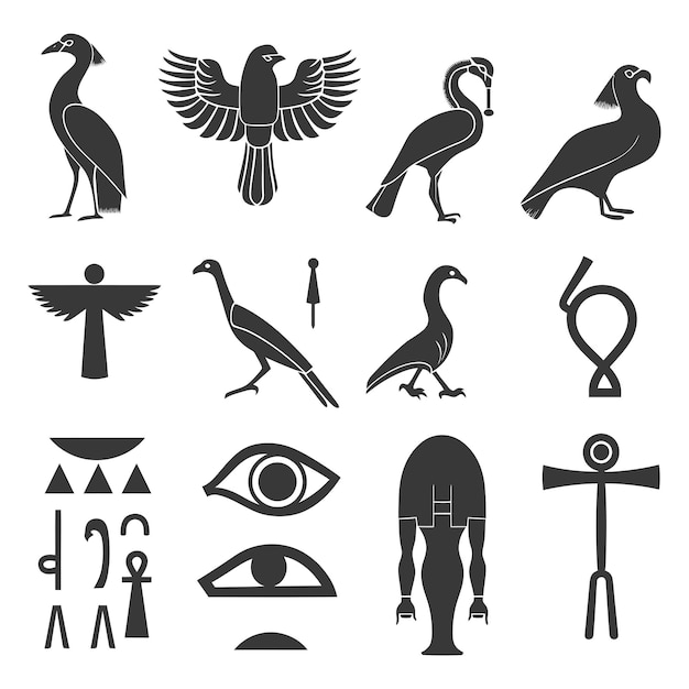 Vector silhouette collection of ancient egyptian hieroglyphs symbol logo black color only