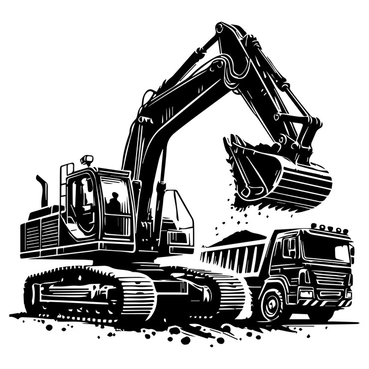 Vector silhouette collection of excavator transporting materials detailed black solid illustration