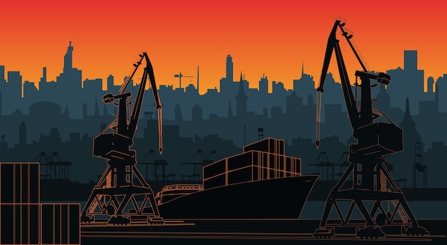 Vector silhouette commercial port with container ship at the pier and cargo cranes city skyline on background with sunset cityscape and cargo port with cranes layers for parallax