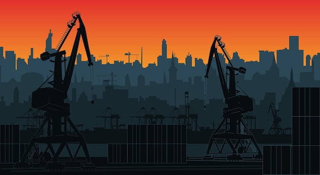 Vector silhouette commercial port with containers and cargo cranes city skyline on background with sunset sky cityscape and cargo port with cranes layers for parallax