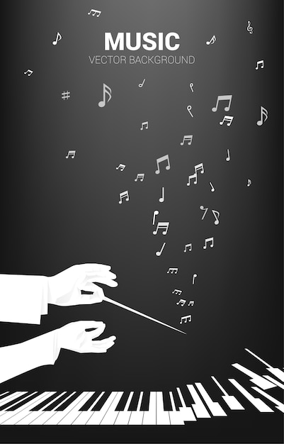 Silhouette of conductor hand hold baton stick with flying music note . concept background for orchestra concert and recreation.