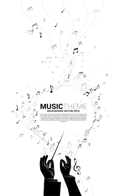 Vector silhouette of conductor hand with music melody note dancing flow . concept background for classic music concert and recreation.