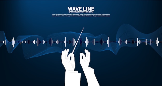 音波音楽イコライザーの背景を持つ指揮者の手のシルエット。