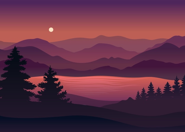 Silhouette of coniferous forest on the background of the lake and mountains Vector illustration on white background