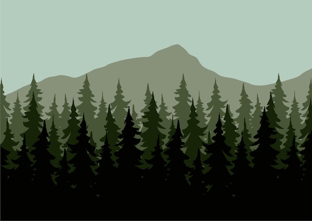 Vector silhouette of coniferous forest in mountains. vector illustration