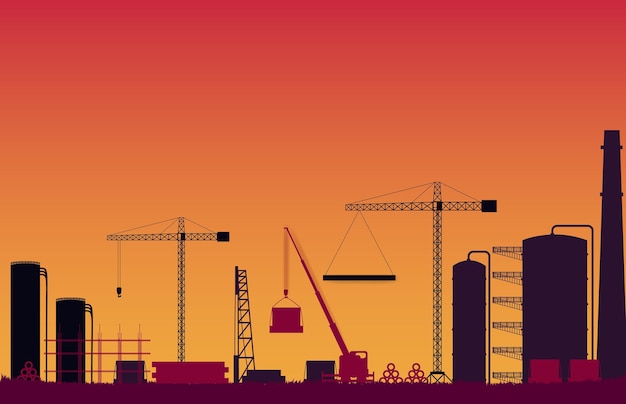 Silhouette construction site on orange gradient