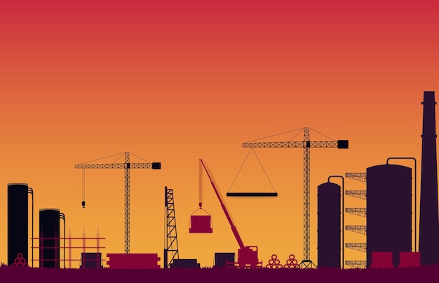 Vector silhouette construction site on orange gradient