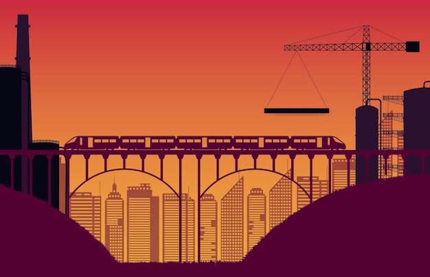 Vector silhouette construction site and train with bridge on orange gradient