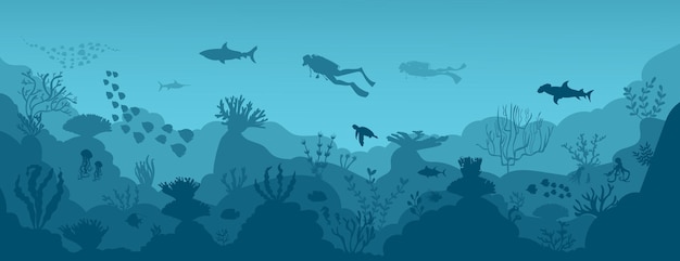 Vector silhouette of coral reef with fish on blue sea background underwater vector illustration