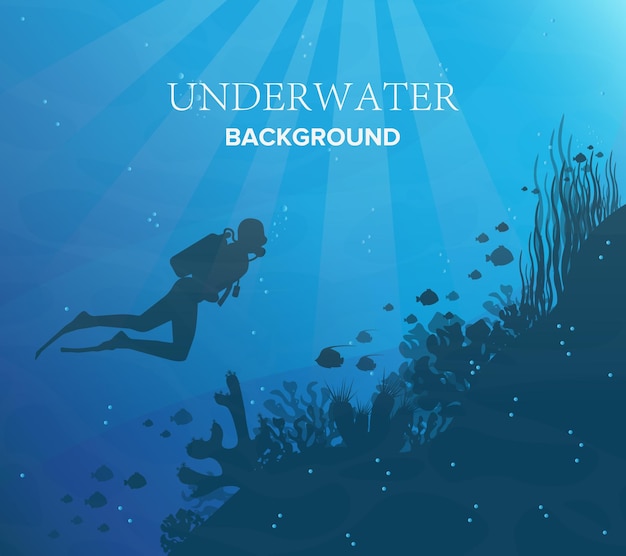 Silhouette of coral reef with fish and scuba diver on a blue sea background. underwater marine wildlife. nature  illustration.