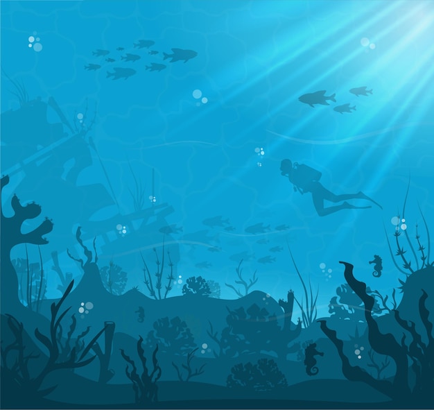 Vector silhouette of coral reef with fish and scuba diver on a blue sea background