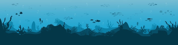 silhouette of coral reef with fish and scuba diver on a blue sea background