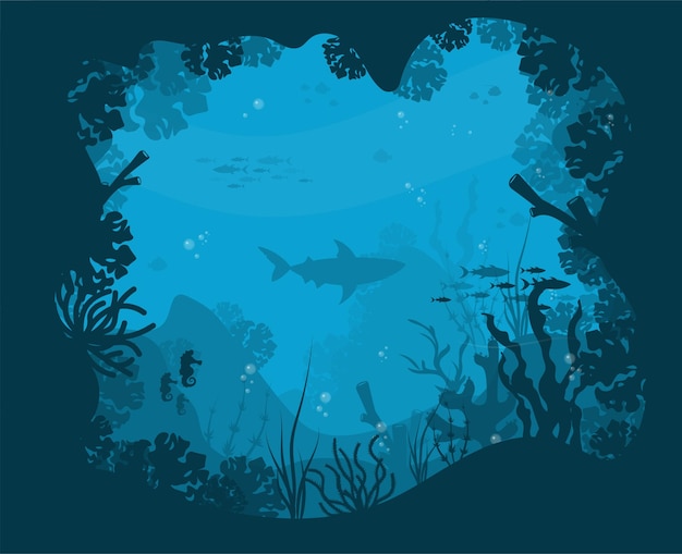 Silhouette of coral reef with fish and scuba diver on a blue sea background