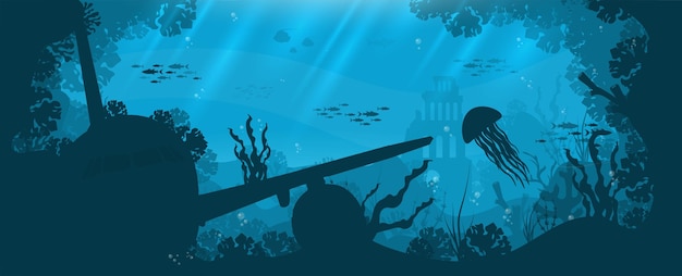 Silhouette of coral reef with fish and scuba diver on a blue sea background