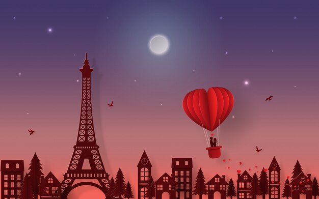 Silhouette couple on balloon floating over Paris city