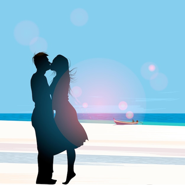 Vector silhouette of a couple in love kissing against a beach