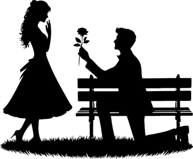 A silhouette of a couple proposing a man giving flower to her wife