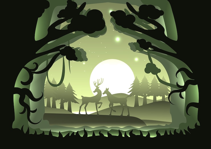 Vector silhouette couple reindeer in forest
