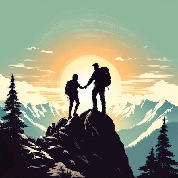 silhouette couple of travelers on a mountain top vector illustration silhouette couple of trav