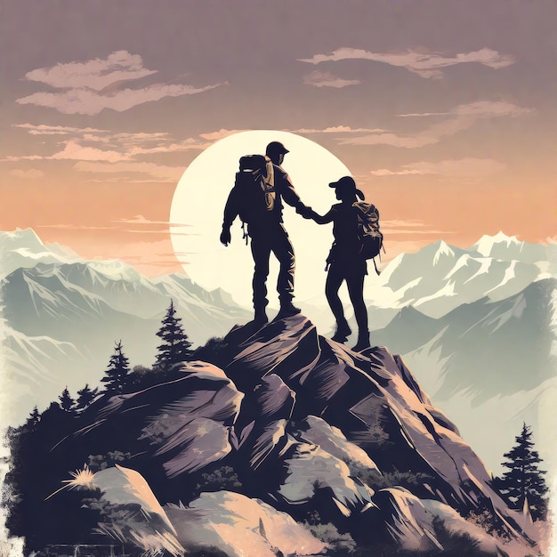 silhouette of couple of travelers on top of the mountain with backpacks sunset time vector il