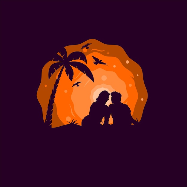 Vector silhouette couple valentine beside the tree with bird and sunset background