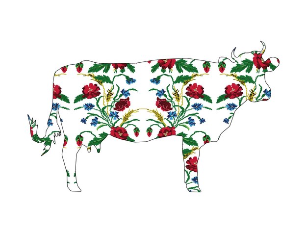 Vector silhouette of cow with color bouquet of flowers poppiesears of wheat and cornflowers